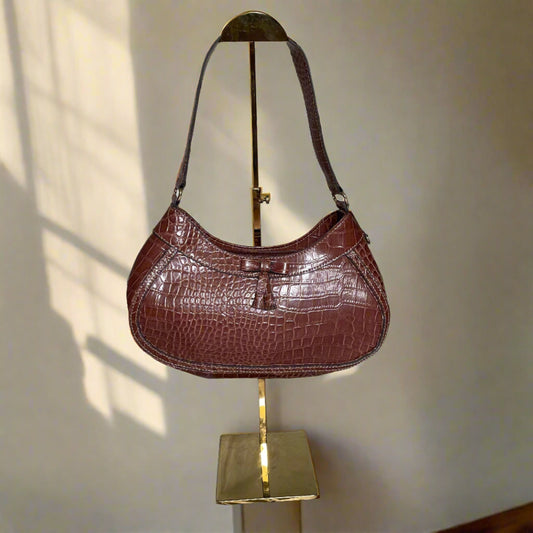 Vintage Liz Claiborne Cognac Brown Faux Crocodile Leather Boho Shoulder Bag