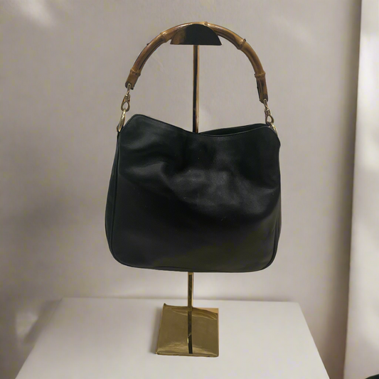 Authentic Vintage Gucci Bamboo Top Handle Black Leather Bag