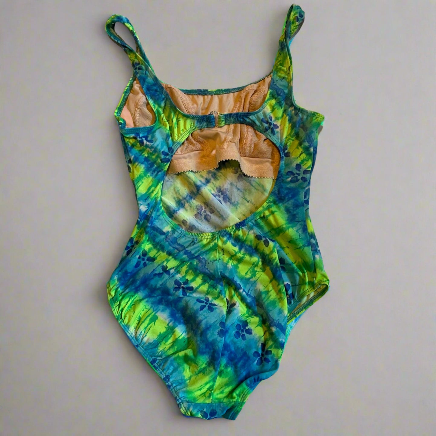 'Leila' Blue & Green Tropical Floral Tie Dye Open Back One Piece Swimsuit (M/L)