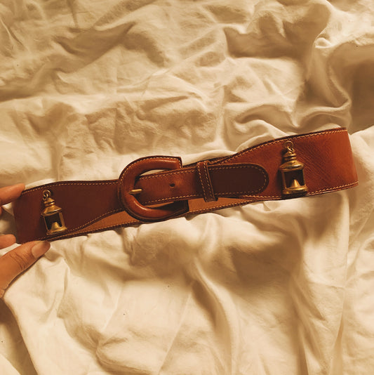 Vintage Brown Leather Gold Charm Emblem Belt (S/M)