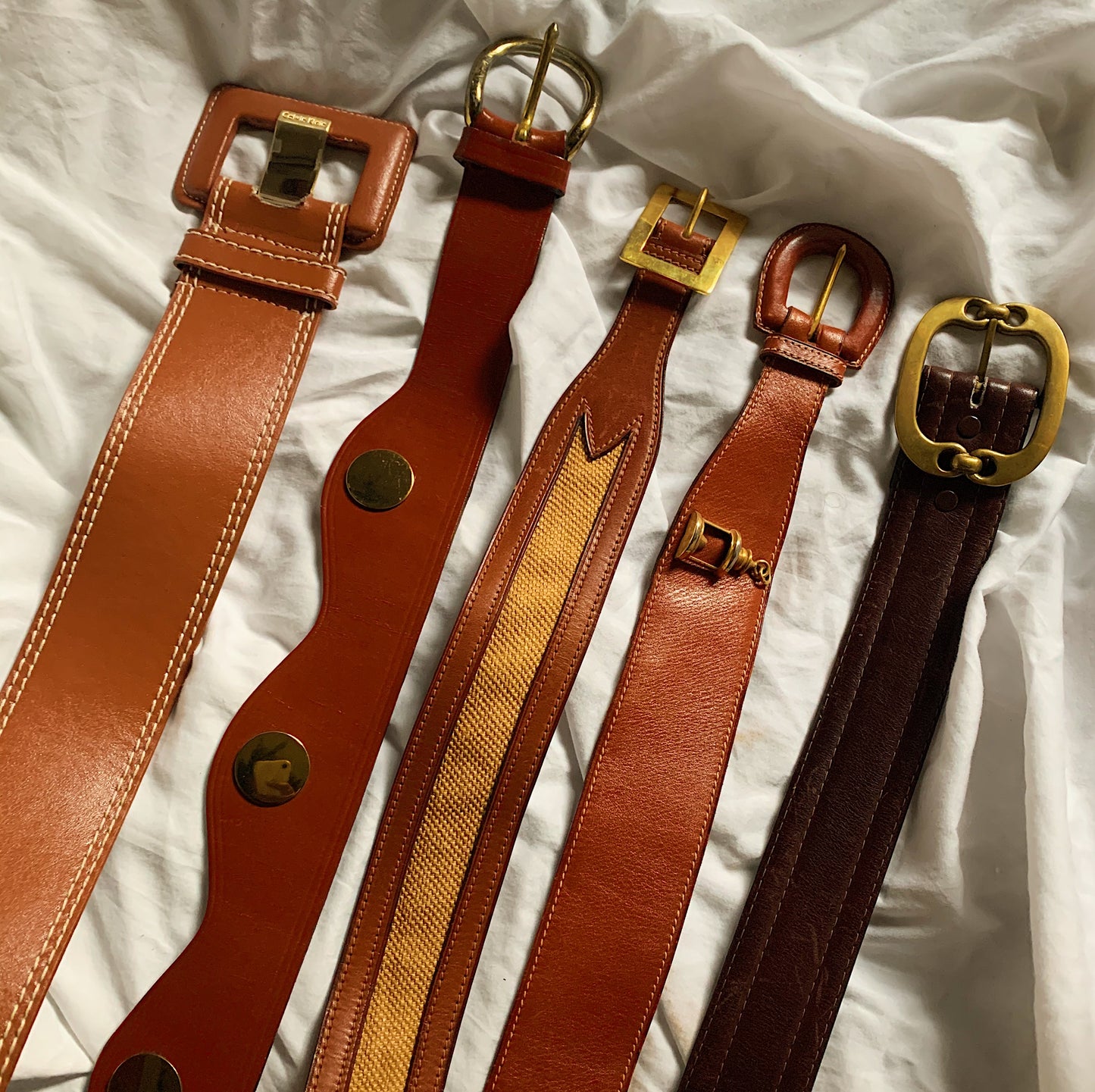 Vintage Brown Leather Gold Charm Emblem Belt (S/M)
