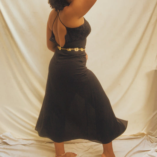 'Amber' Black Lace Deep Thigh-Slit Maxi Gown (M)
