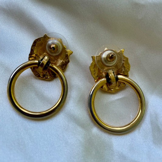 Vintage Golden Door Knocker Lion Earrings