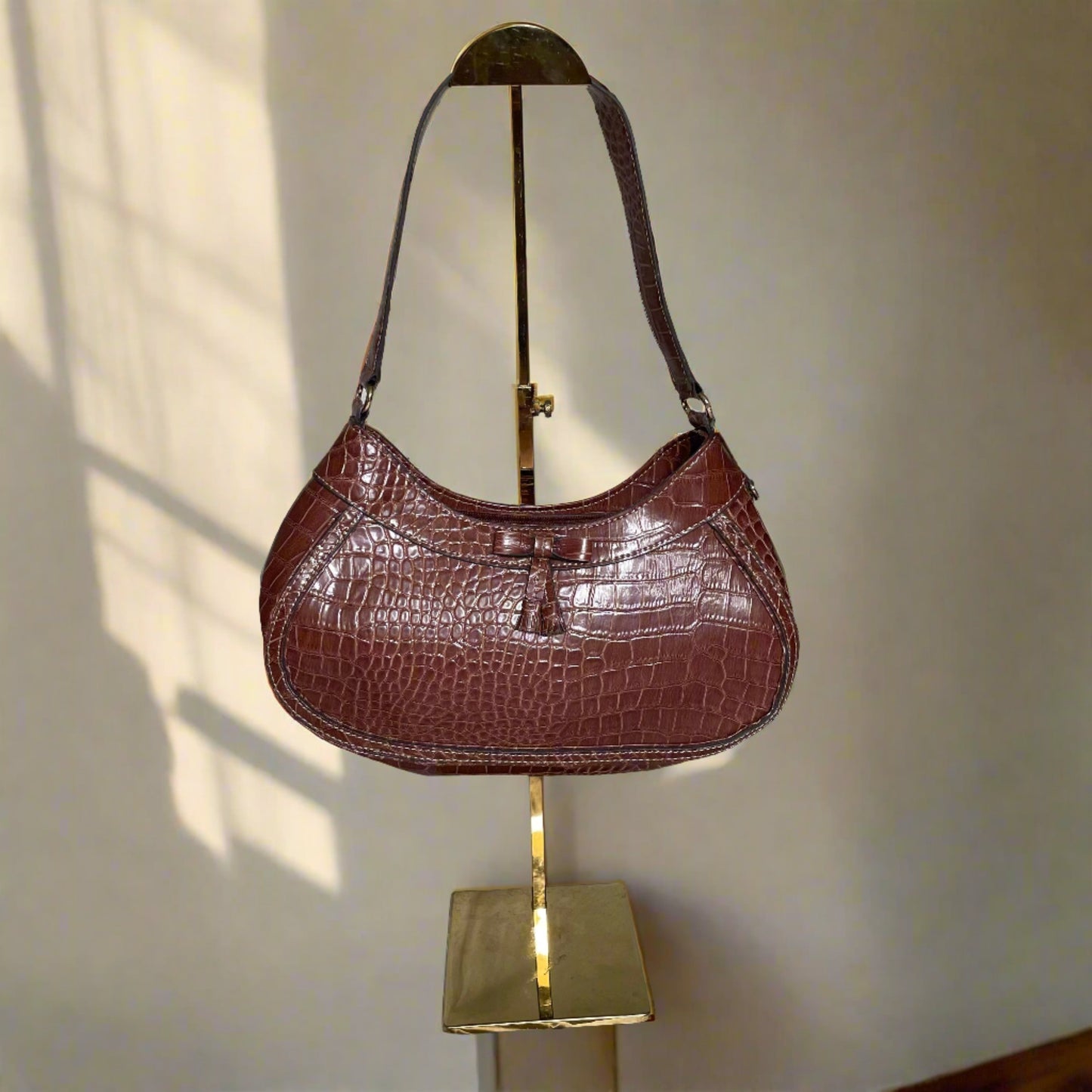 Vintage Liz Claiborne Cognac Brown Faux Crocodile Leather Boho Shoulder Bag