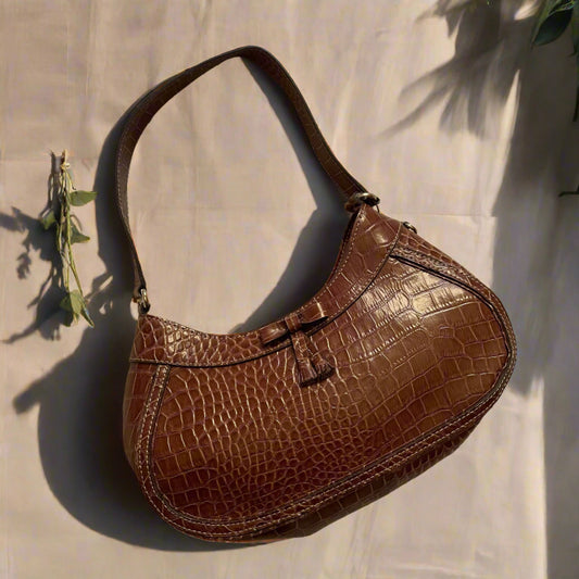 Vintage Liz Claiborne Cognac Brown Faux Crocodile Leather Boho Shoulder Bag