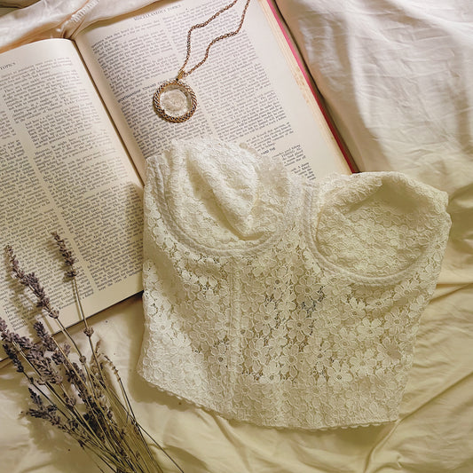 'Aria' Vintage White Floral Lace Bustier Top (36C)