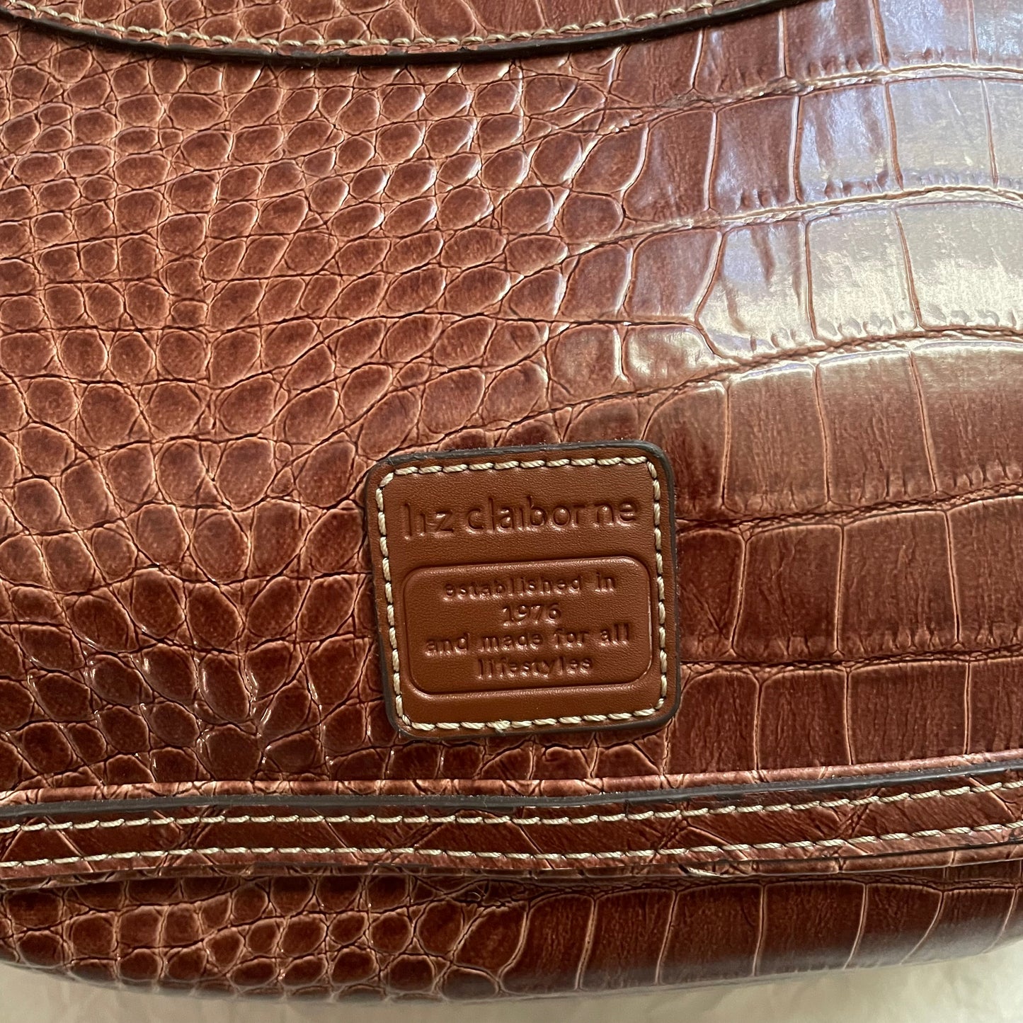 Vintage Liz Claiborne Cognac Brown Faux Crocodile Leather Boho Shoulder Bag
