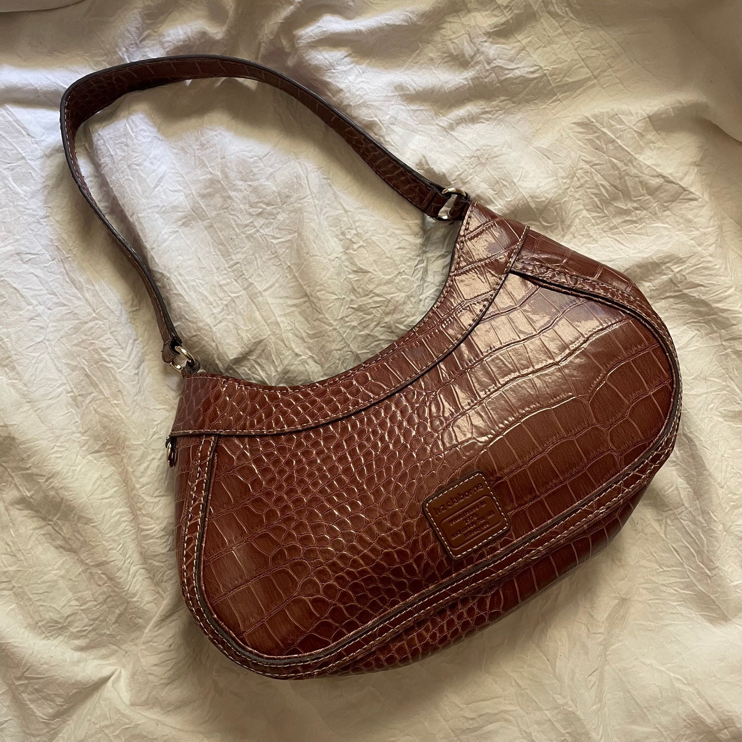Vintage Liz Claiborne Cognac Brown Faux Crocodile Leather Boho Shoulder Bag