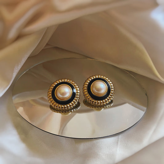 Round Monet Gold Pearl Black Enamel Earrings