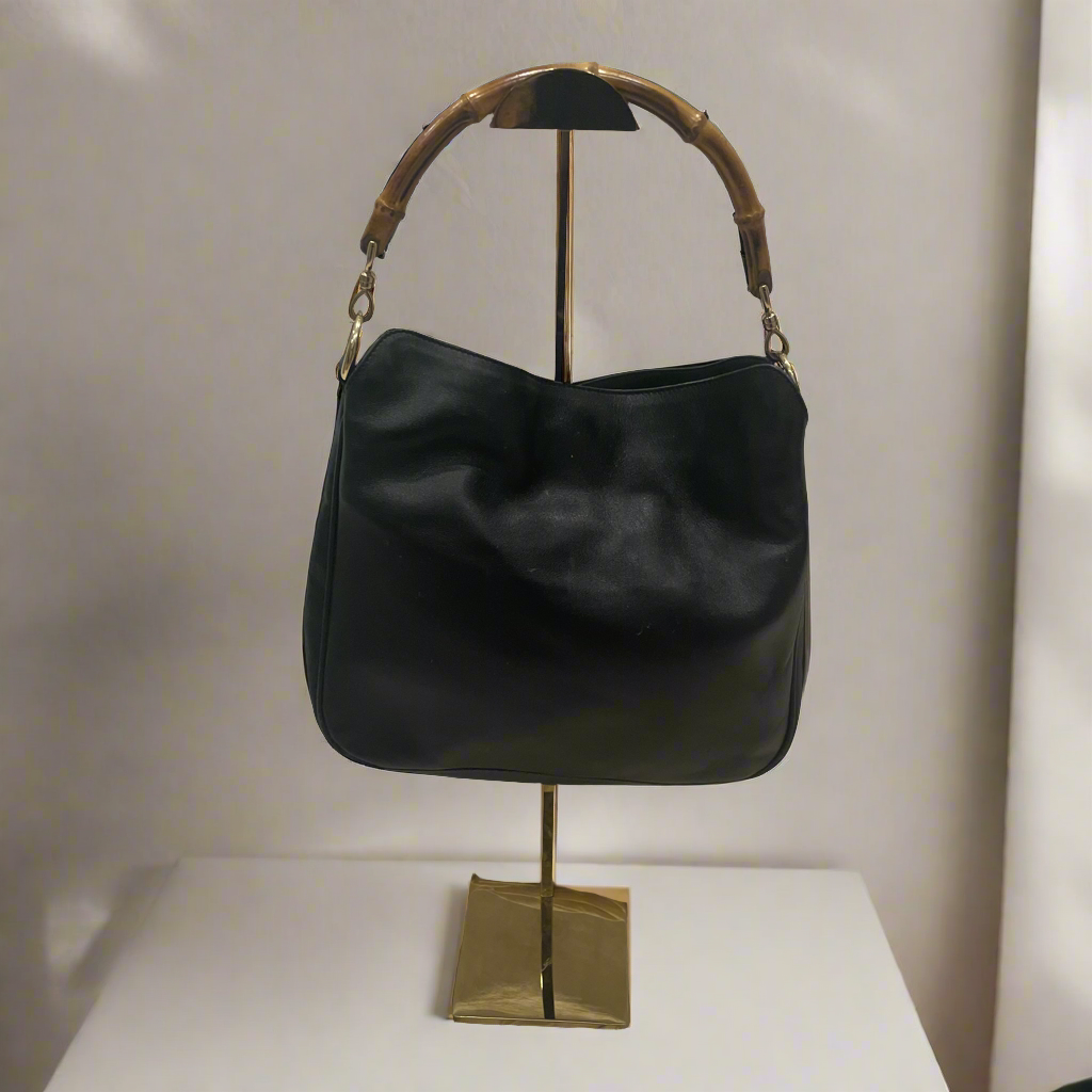 Authentic Vintage Gucci Bamboo Top Handle Black Leather Bag