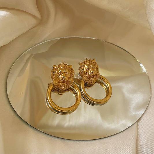 Vintage Golden Door Knocker Lion Earrings