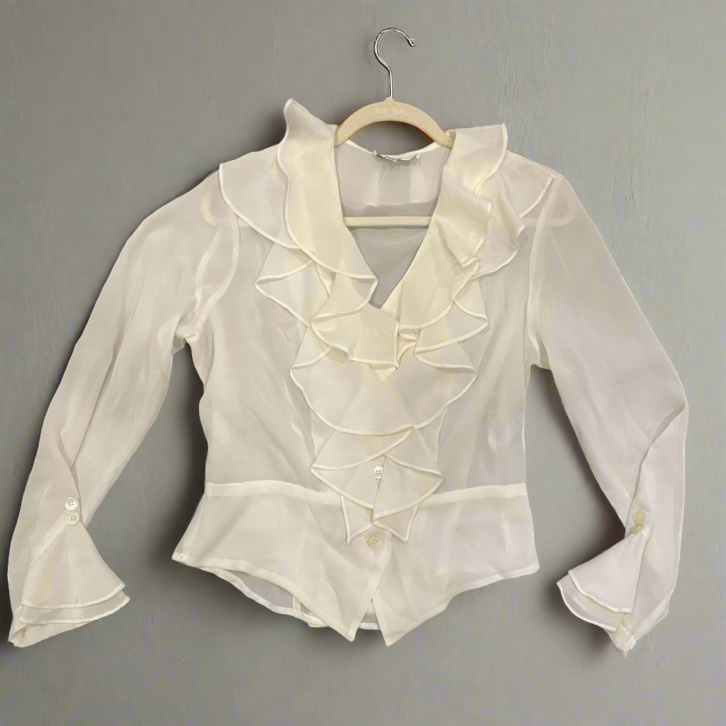 'Nora' White Sheer Ruffle Collar Blouse (M)
