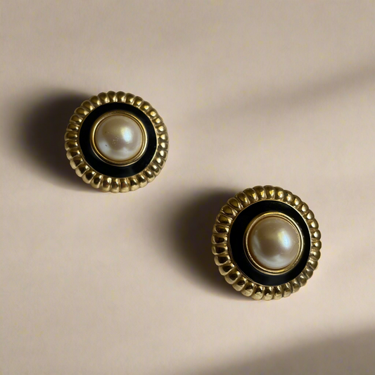 Round Monet Gold Pearl Black Enamel Earrings