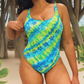 'Leila' Blue & Green Tropical Floral Tie Dye Open Back One Piece Swimsuit (M/L)