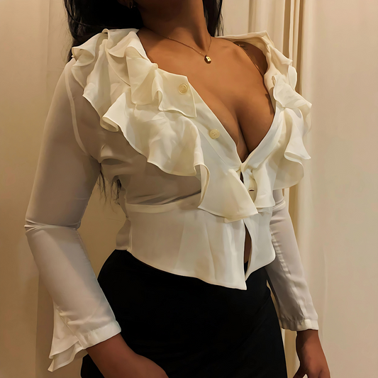 'Nora' White Sheer Ruffle Collar Blouse (M)