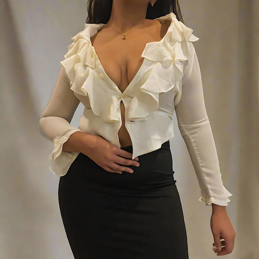 'Nora' White Sheer Ruffle Collar Blouse (M)