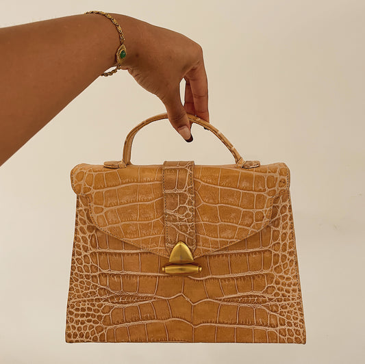 Vintage Sondra Roberts Tan Croc Embossed Patent Leather Bag