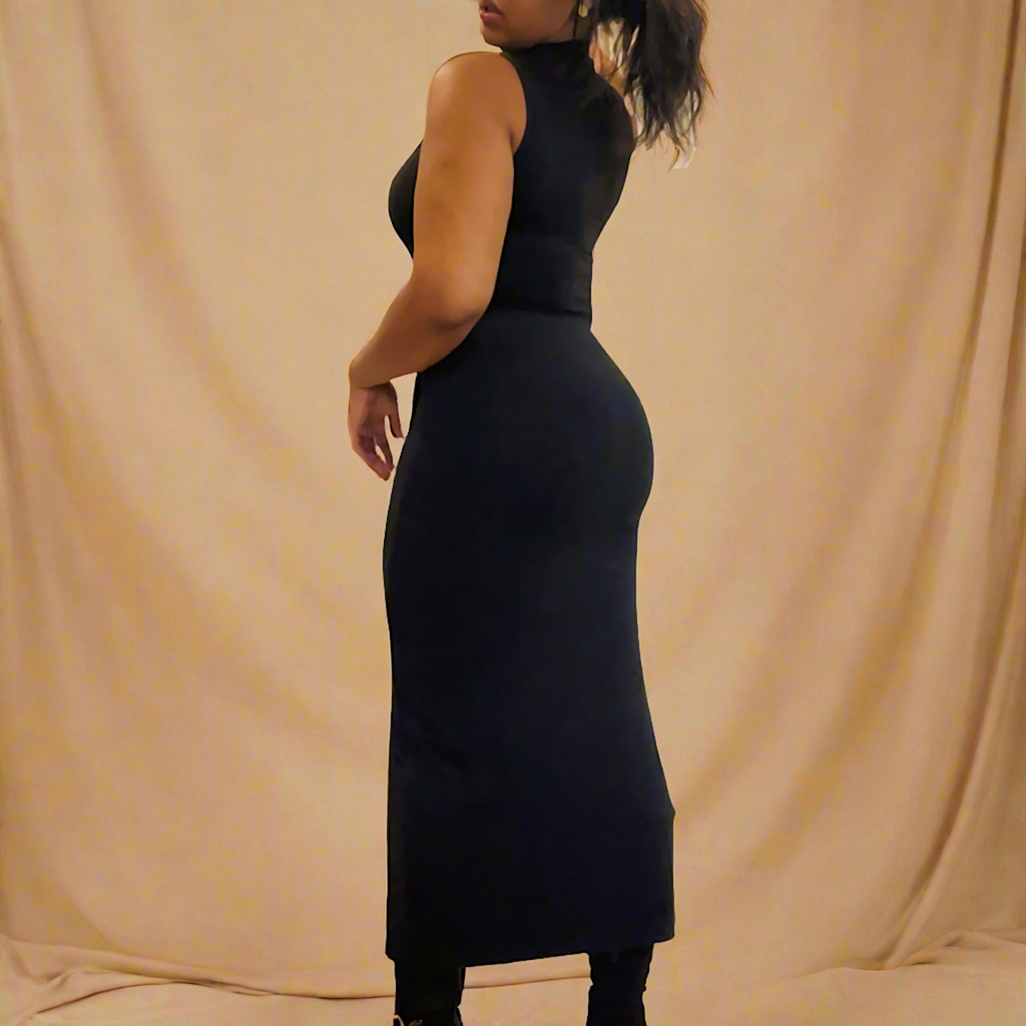 'Audrey' Black Sleeveless Mock Neck Knit Midaxi Dress (S-XL)