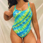 'Leila' Blue & Green Tropical Floral Tie Dye Open Back One Piece Swimsuit (M/L)