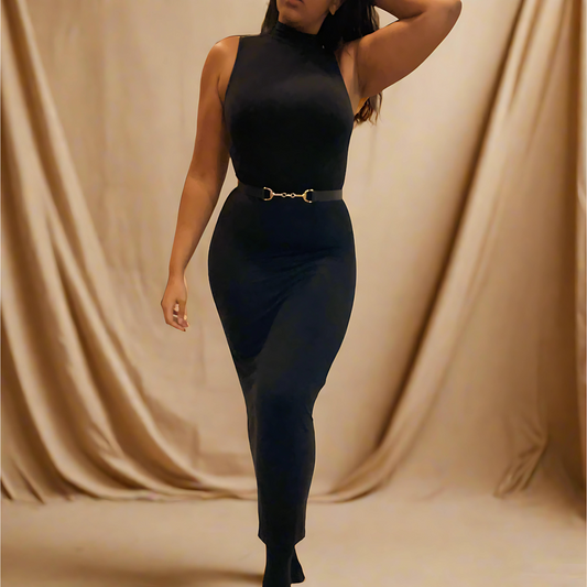 'Audrey' Black Sleeveless Mock Neck Knit Midaxi Dress (S-XL)
