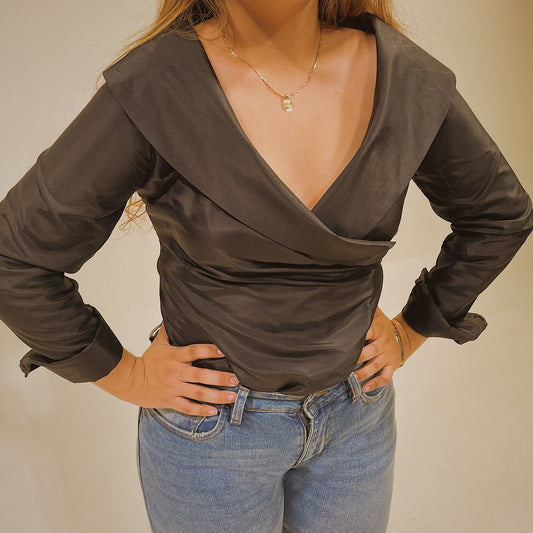 ‘Blaine’ Black Silk Wrap top (M)