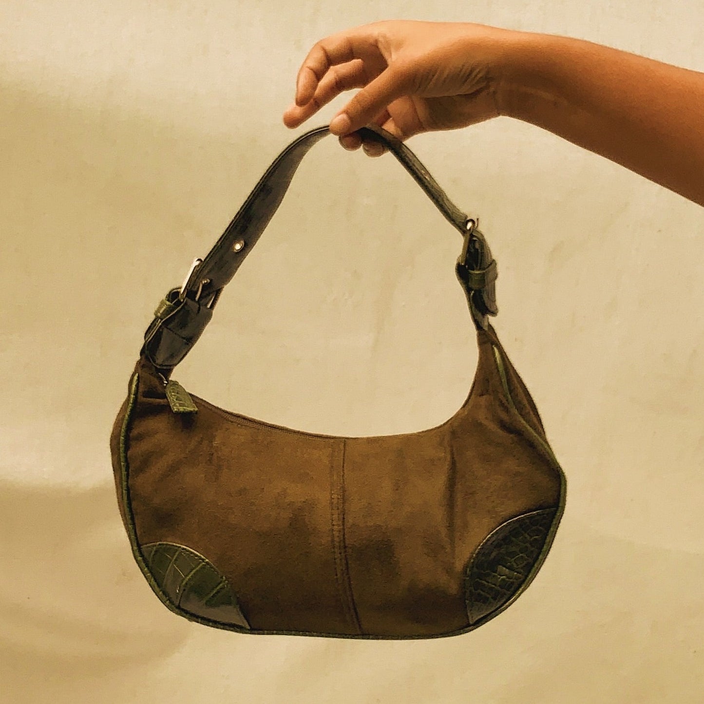 ‘Vera’ Olive Green Faux Suede Hobo Bag