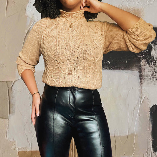 Camel Brown Cable Knit Mock Neck Sweater (M-XL)