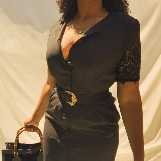 'Ava' Lace Sleeve Midi Button-Thru Dress (L/XL)