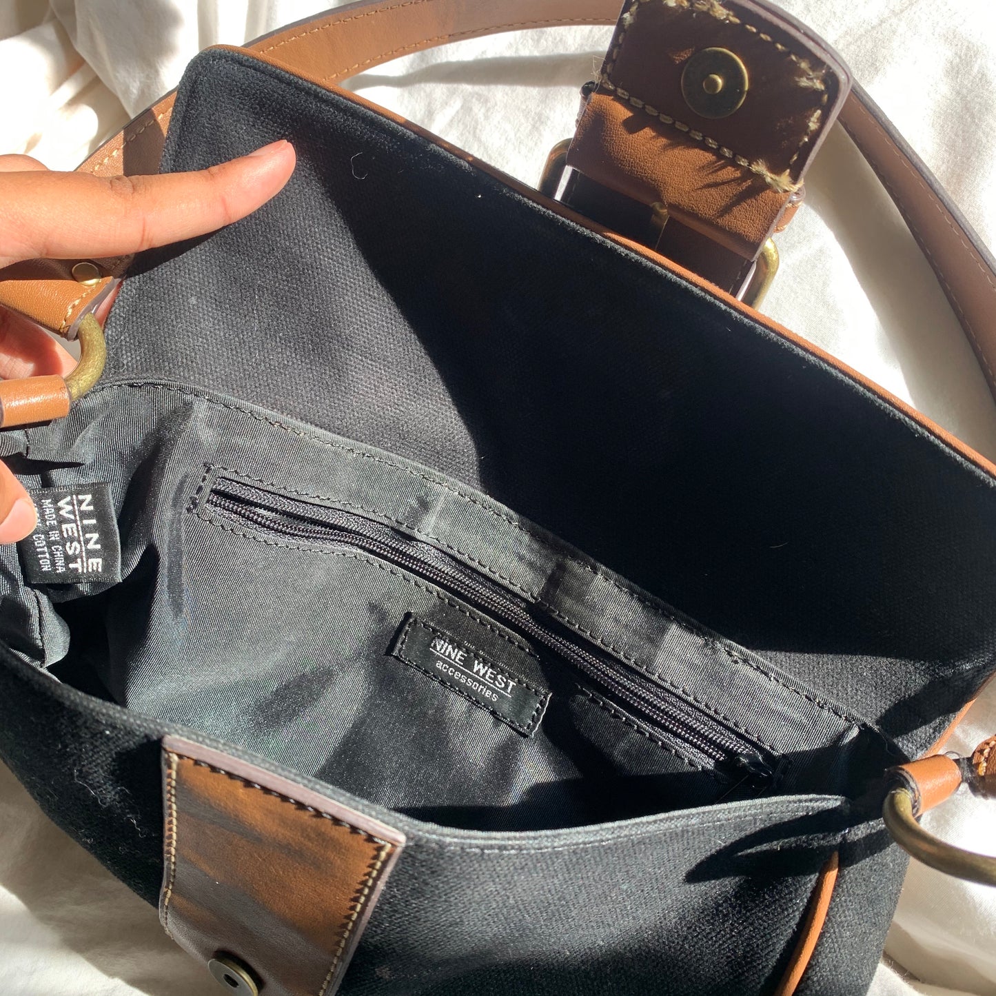 Vintage Black Canvas and Brown Leather Buckled Baguette Bag