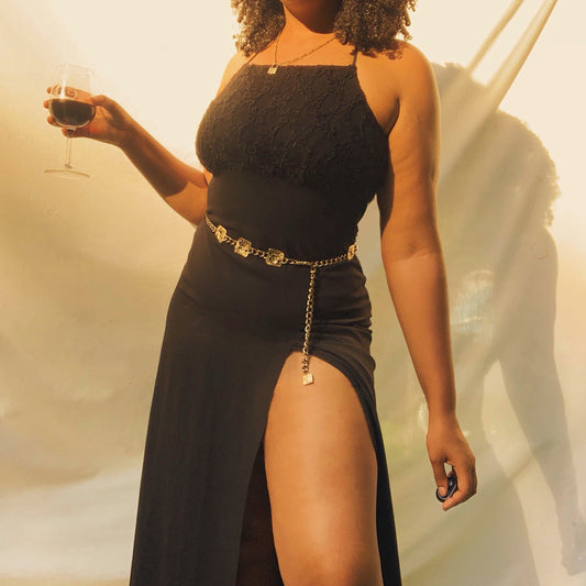 'Amber' Black Lace Deep Thigh-Slit Maxi Gown (M)