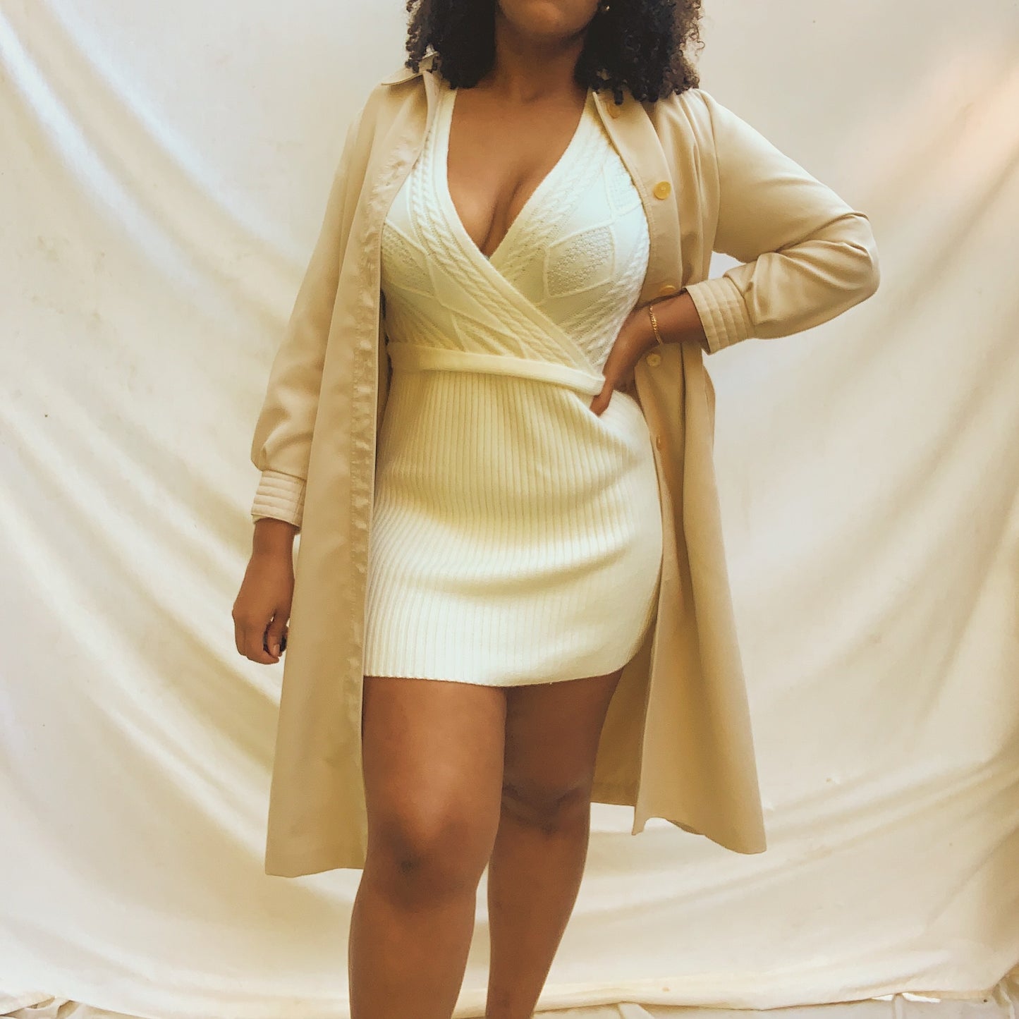 ‘Saira’ Beige Quilted Sleeve Belted Trench Coat (M/L/XL)