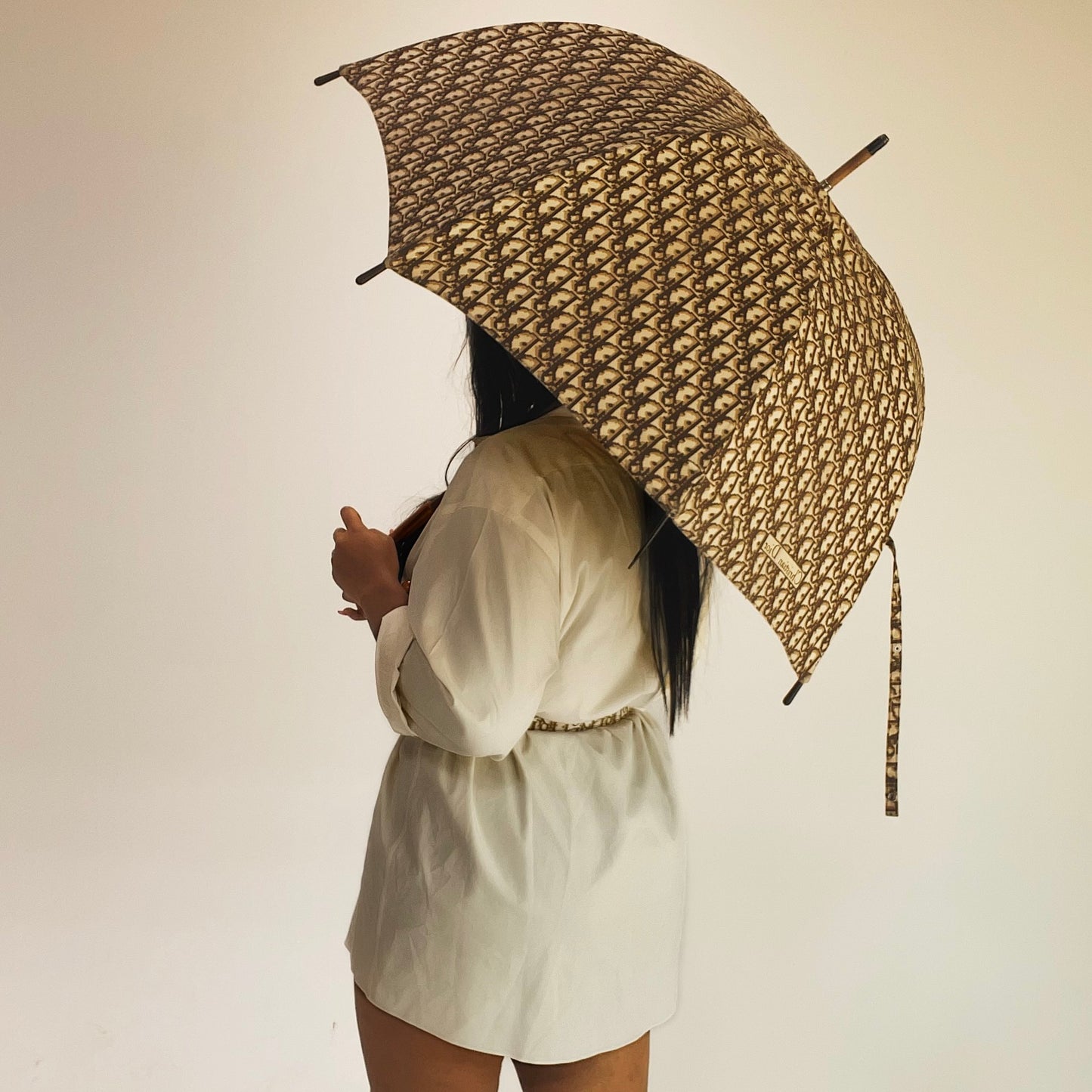 Vintage Dior Brown Trotter Print Cane Umbrella