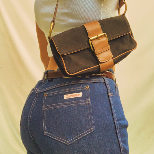 Vintage Black Canvas and Brown Leather Buckled Baguette Bag