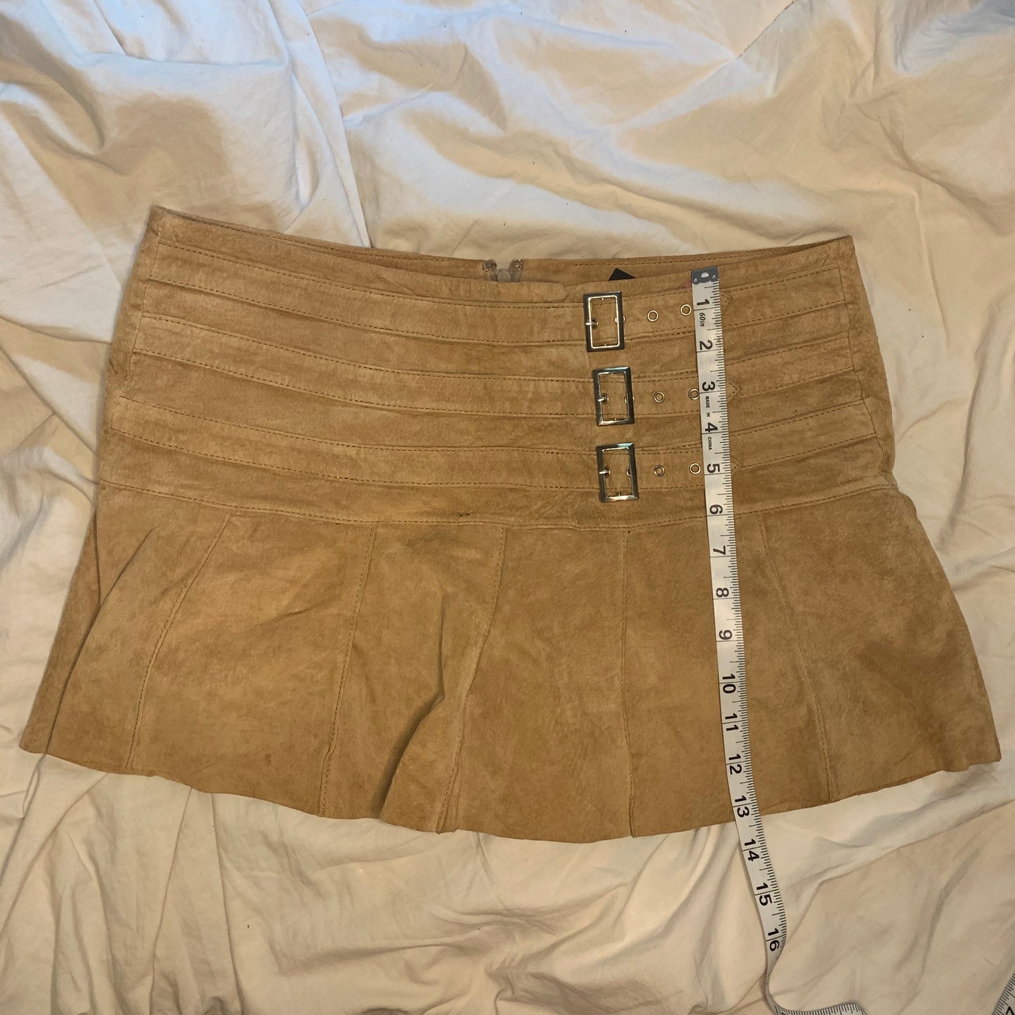 ‘Gia’ Suede Buckle Pleated Mini Skirt (M) - Shop Vanilla Vintage
