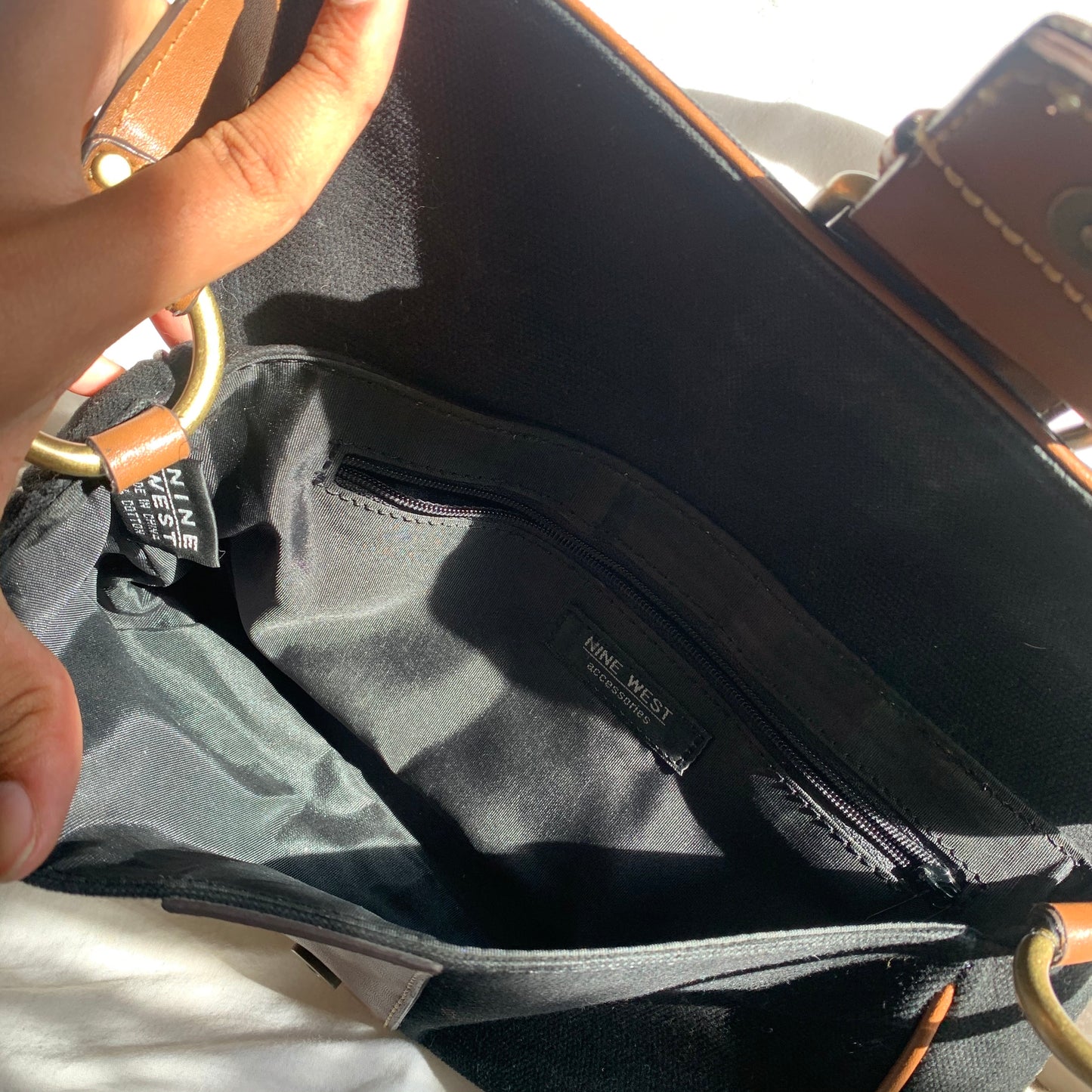 Vintage Black Canvas and Brown Leather Buckled Baguette Bag