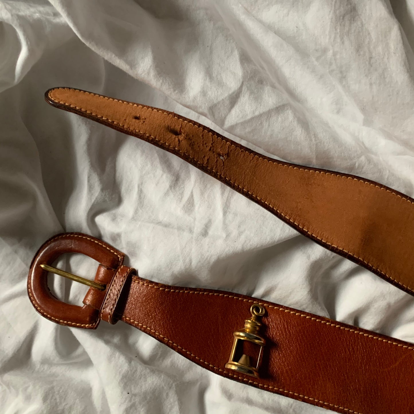 Vintage Brown Leather Gold Charm Emblem Belt (S/M)