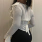 'Nora' White Sheer Ruffle Collar Blouse (M)