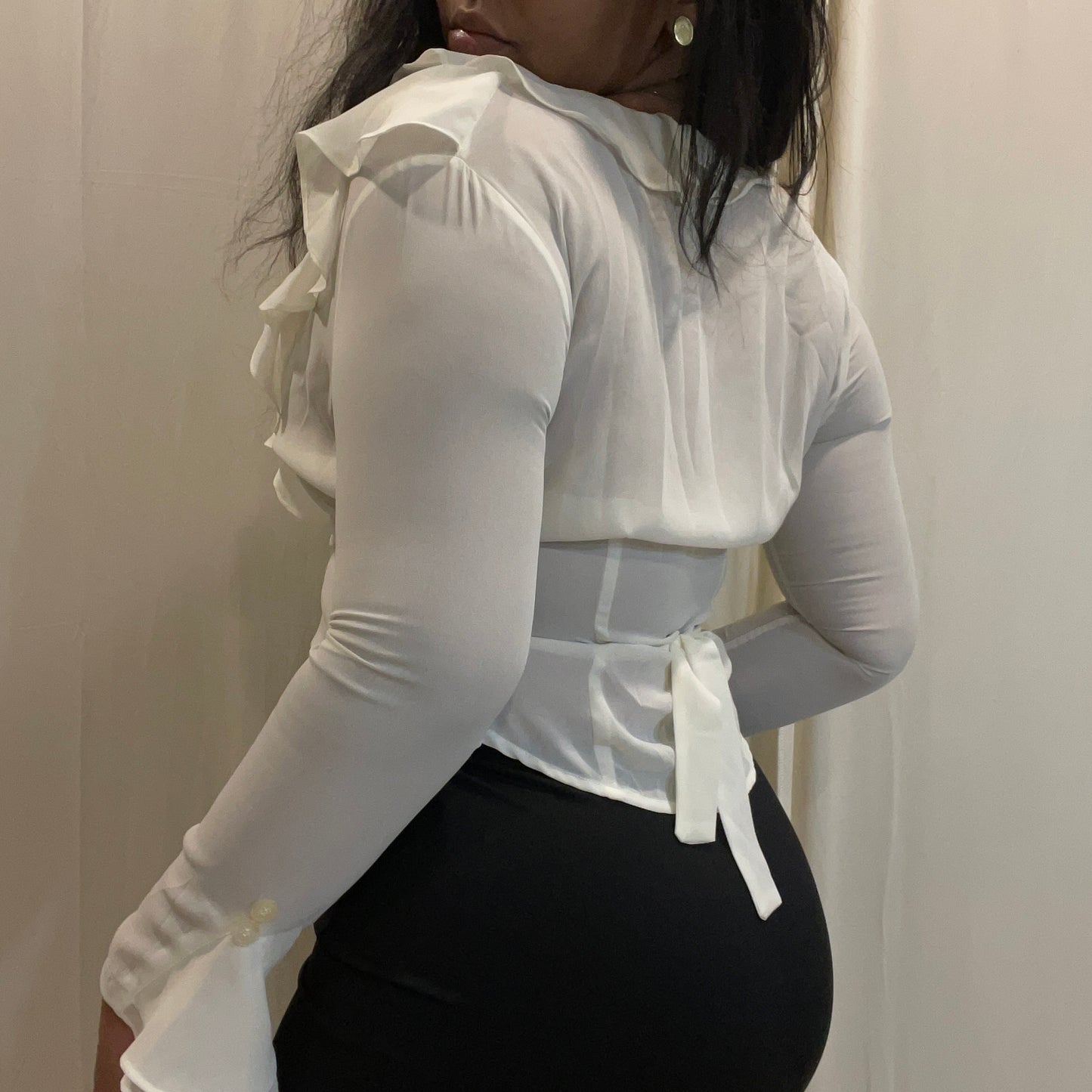 'Nora' White Sheer Ruffle Collar Blouse (M)