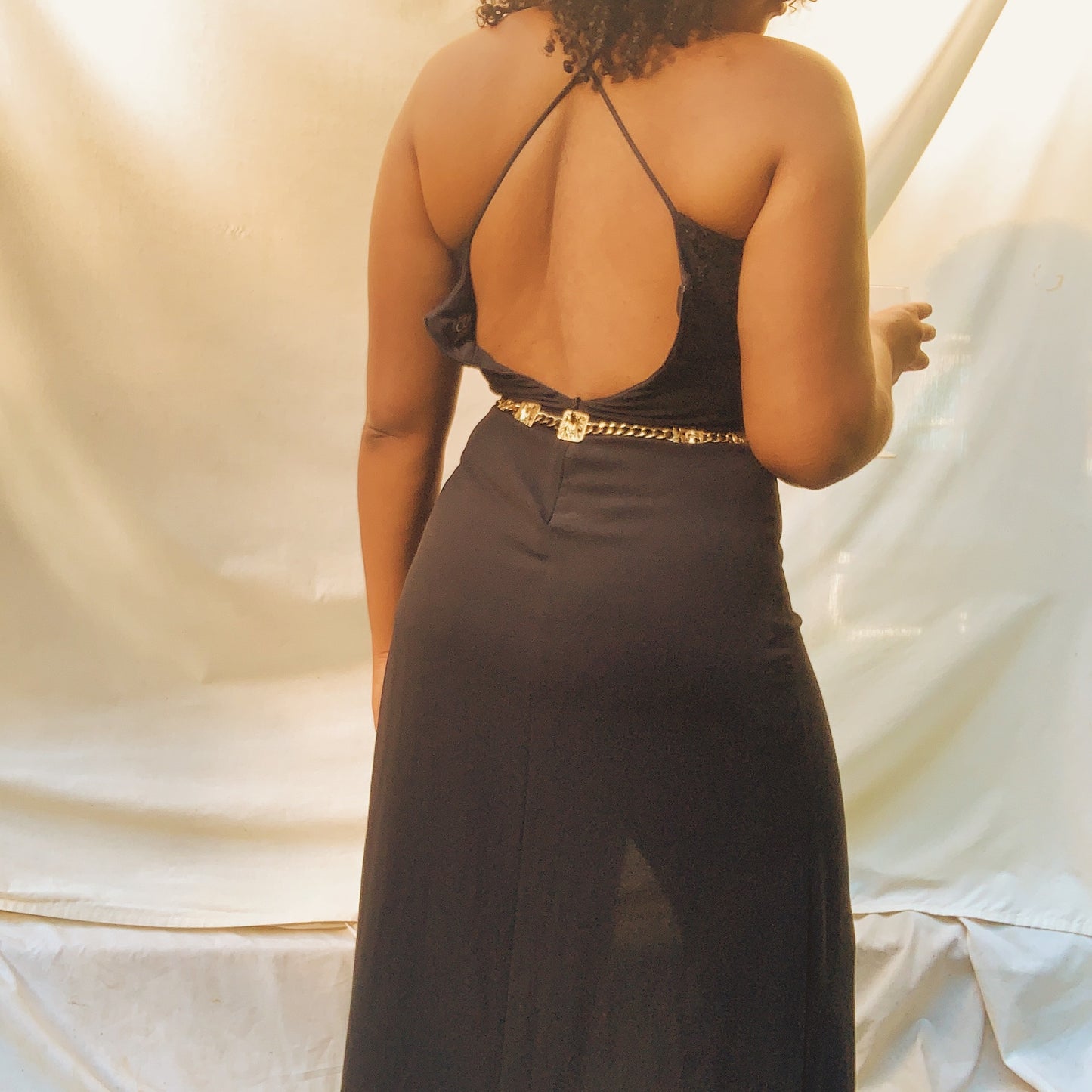 'Amber' Black Lace Deep Thigh-Slit Maxi Gown (M)