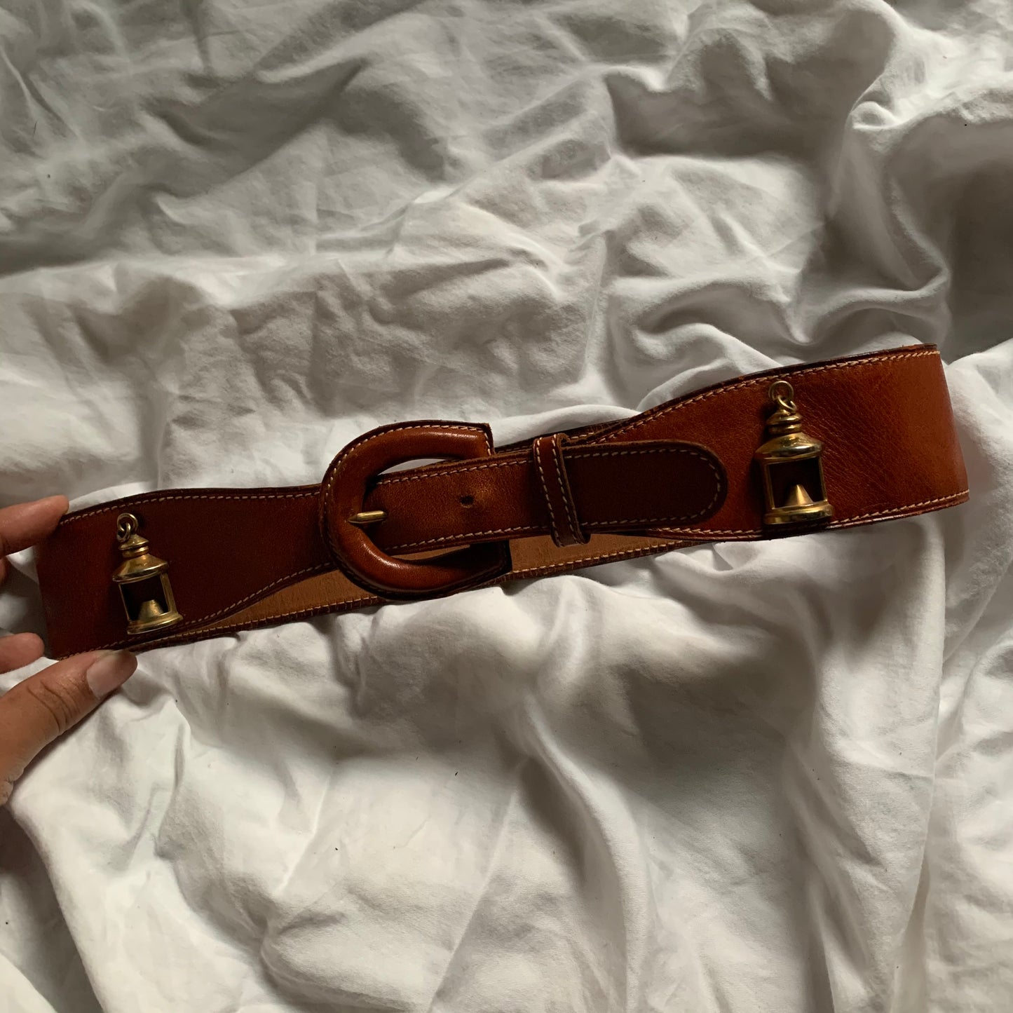 Vintage Brown Leather Gold Charm Emblem Belt (S/M)