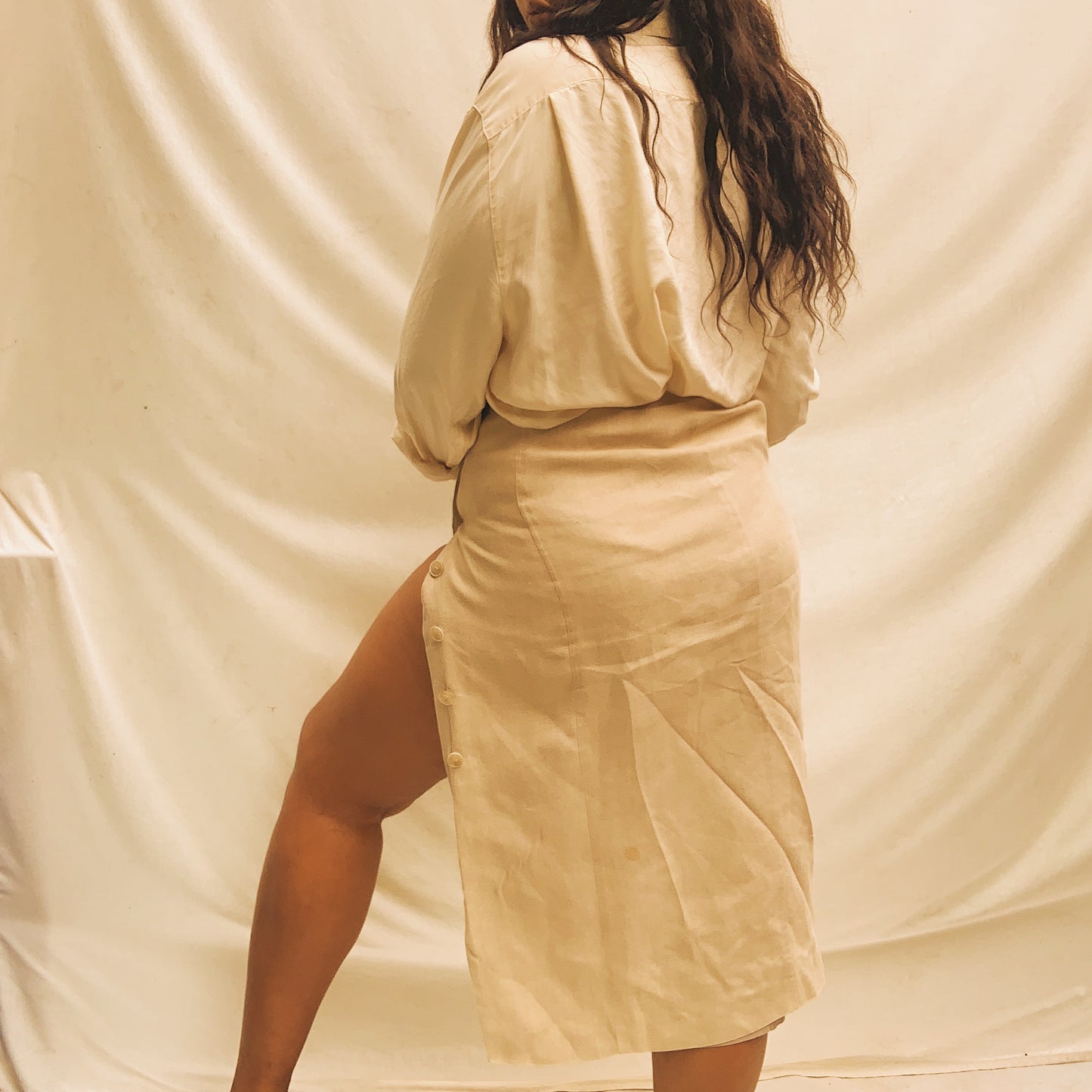 'Taryn' Button-Thru Linen Midi Skirt W/ Thigh Slit (M)
