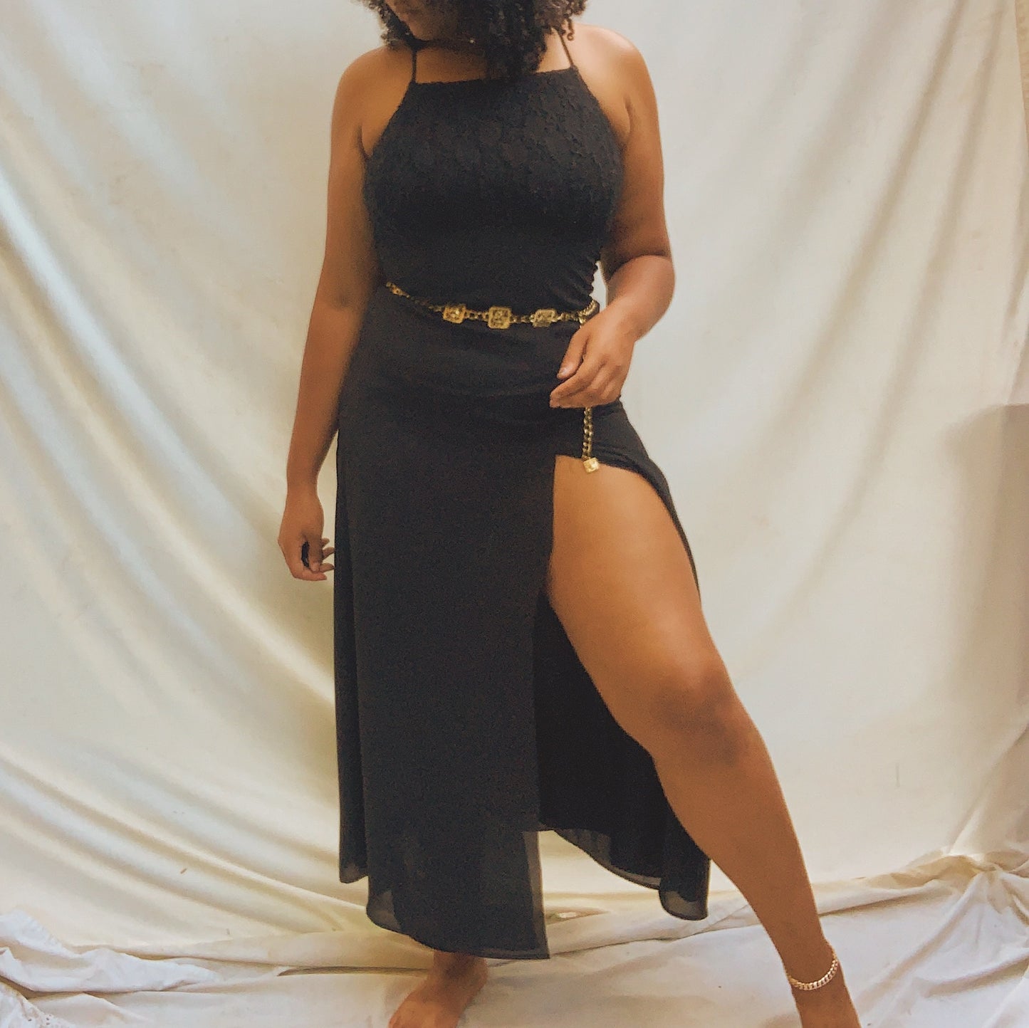 'Amber' Black Lace Deep Thigh-Slit Maxi Gown (M)