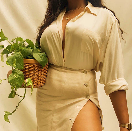 'Taryn' Button-Thru Linen Midi Skirt W/ Thigh Slit (M)
