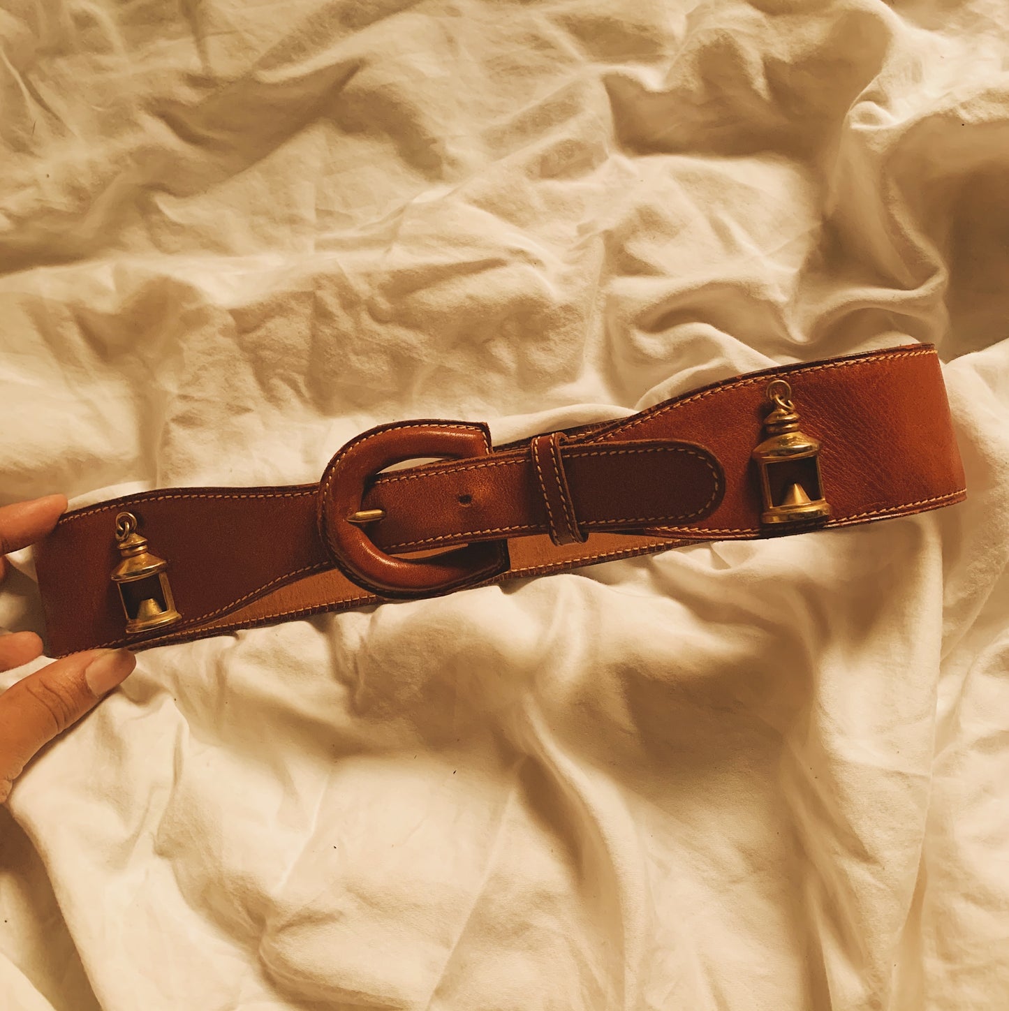 Vintage Brown Leather Gold Charm Emblem Belt (S/M)
