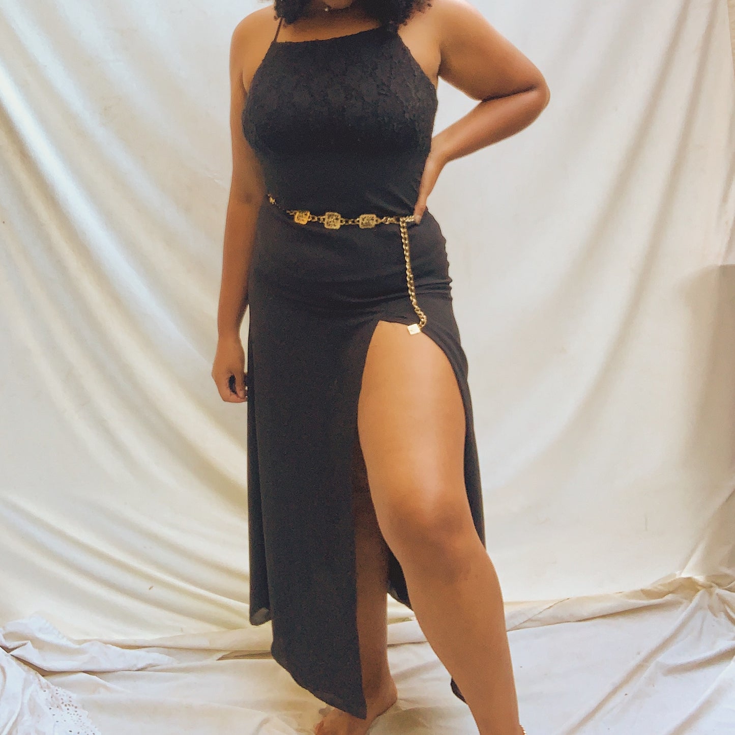 'Amber' Black Lace Deep Thigh-Slit Maxi Gown (M)