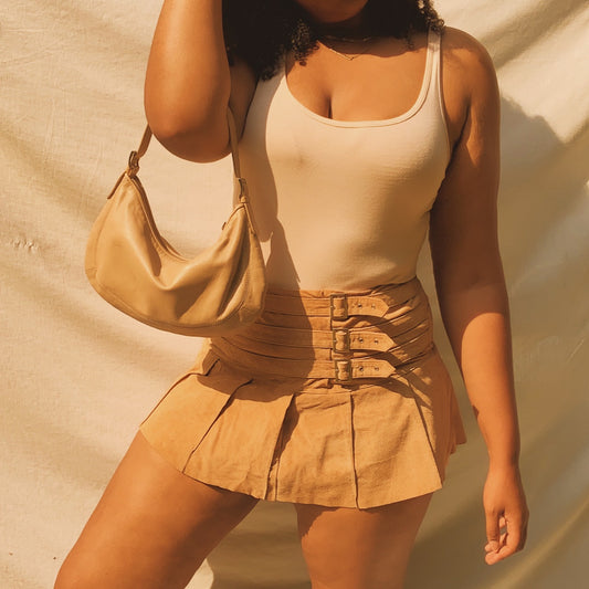 ‘Gia’ Suede Buckle Pleated Mini Skirt (M) - Shop Vanilla Vintage