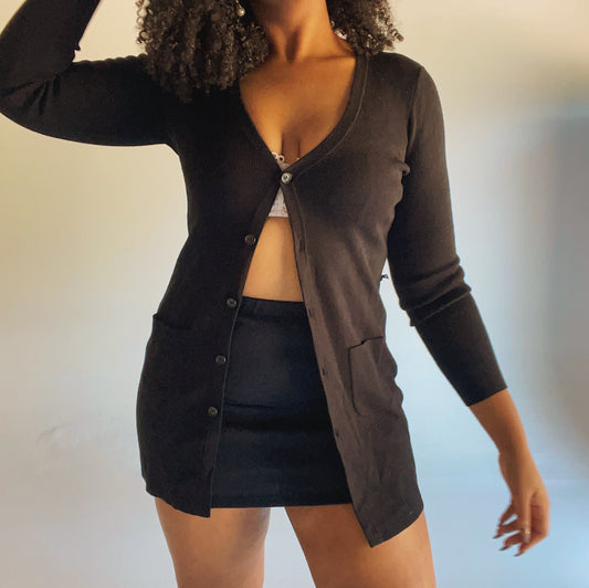 Black Belted Wool Long Cardigan (M-XL)