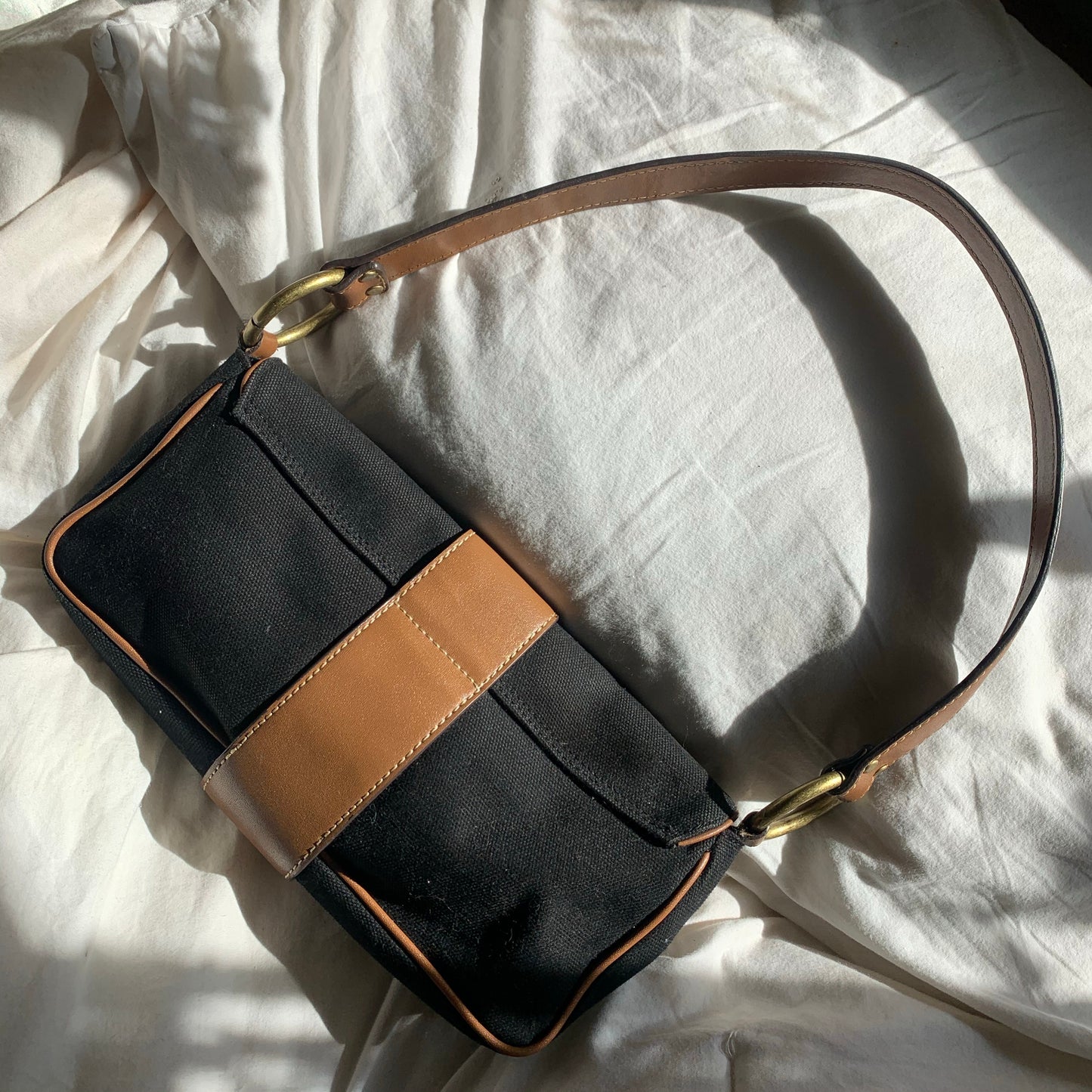 Vintage Black Canvas and Brown Leather Buckled Baguette Bag