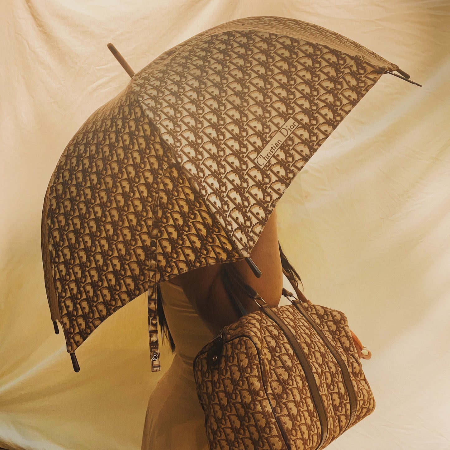 Vintage Dior Brown Trotter Print Cane Umbrella